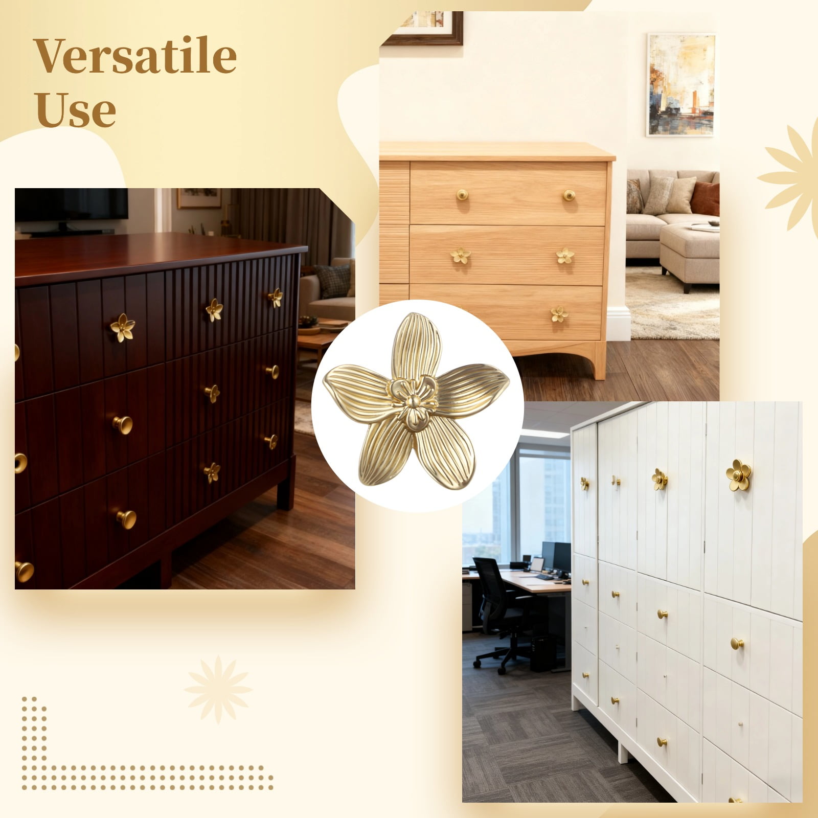 8 Pcs Flower Knobs, 2.4 in Brushed Gold Cabinet Knobs, Zinc Alloy Petal Knobs with Antique New Chinese Style, Single Hole Dresser Knobs 8 Pack for Furniture Renovation