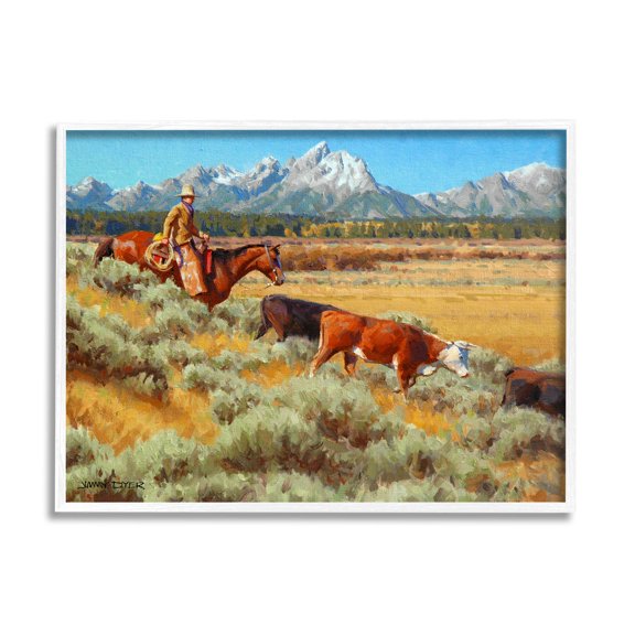 Western Ranch Horse Cattle Animals & Insects Painting White Framed Art Print Wall Art