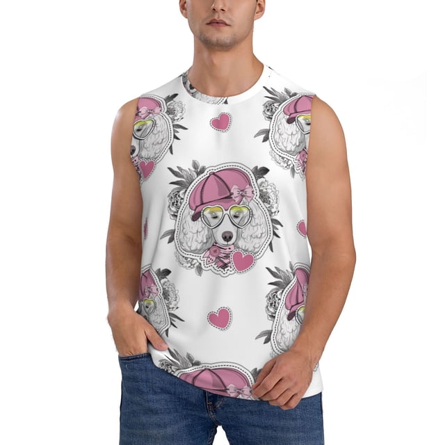 Fotbe Cartoon Poodle Dog Men's Camiseta sin Mangas Estampada para Hombres, Playera Casual para Gimnasio, Entrenamiento, Playa-Medium