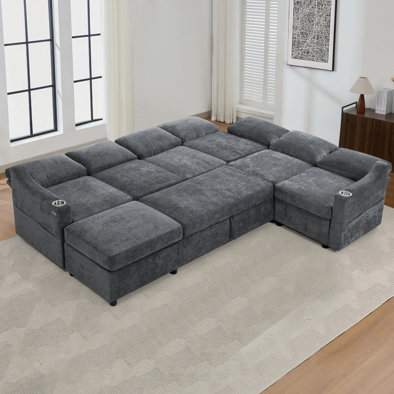ACMEASE 116 Inches Chenille Sectional Couch w/Adjustable Backrests & Ottoman, Convertible U Shape Sleeper Sofa w/USB Ports, Modular Corner Sofa w/Pull-Out Bed & Storage Space for Living Room, Grey