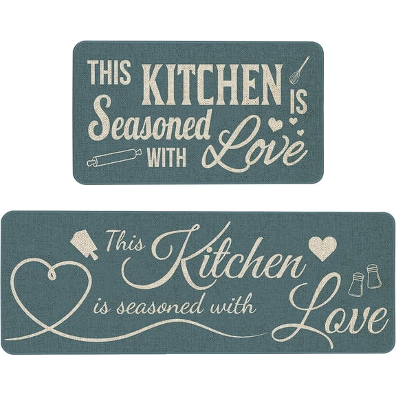 Blue Decorative Kitchen Mats Set of 2, Winter Anti Fatigue Waterproof Stain Resistant Floor Rug Non Slip Cushioned Floor Mat - 17x29 and 17x47 Inch