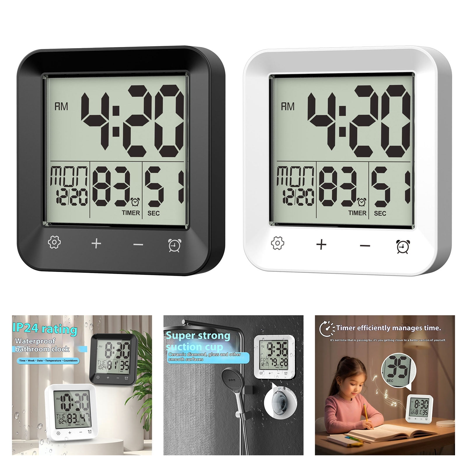 Bathroom Clock Kitchen Wall Clock with LCD Screens Shower Clocks with Suction Cup,Temperature Calendar Water Resistant