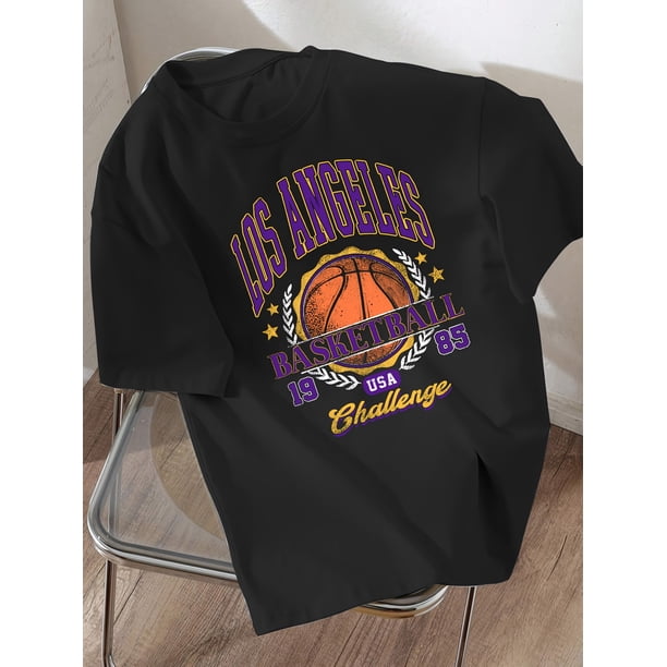 Boys' Cool Basketball Graphic Tee - Los Angeles 1991 Design, Olive Green, Loose Fit, Short Sleeve, Summer Casual Streetwear, Cotton, Machine Washable