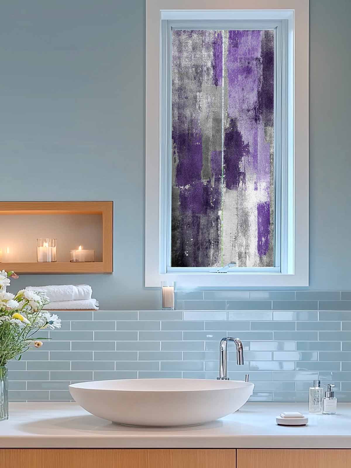 Purple Grey Privacy Window Film, Decorative Frosted Glass Window Film, Modern Oil Painted Abstract Art Aesthetics Reusable Peel and Stick Static Cling for Home Bathroom Office Glass Door 35.4"x78.7"