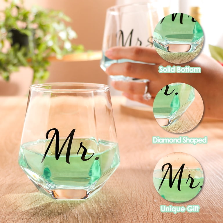 Quyimy Mr and Mrs Wine Glasses, Stemless Clear Wine Glasses Set of 2, 10 Oz  Diamond Shaped Wine Glasses, Unique Wine Glasses Valentines Engagement  Wedding Gifts for Him and Her - Walmart.com