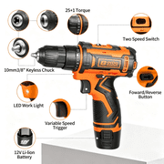 BIHOO 12V Cordless Power Drill Set, Electric Power Driver Kit, with Battery and Charger, 2Variable Speed for Home DIY, with Drills Bits Set, Black and Orang
