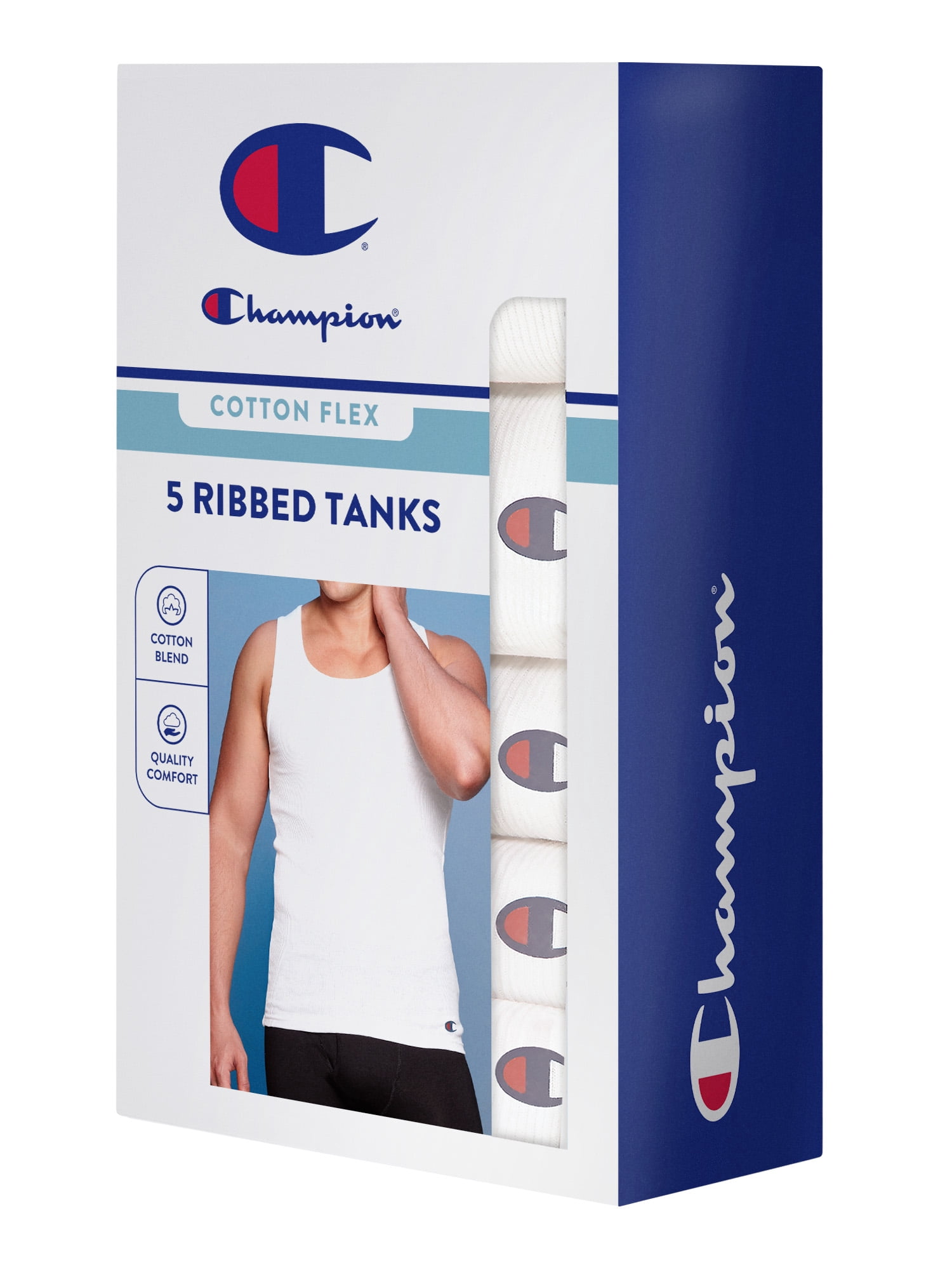Champion Men’s Tank – 5 Pack Cotton Flex Rib Undershirts, Cotton/Polyester Blend, Tag-Free Comfort, Sizes S–2XL