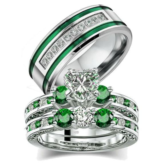Couple Rings White Gold Plated 925 Sterling Silver Ring Green 1CT Heart CZ Women Wedding Ring Sets Men Titanium Steel Ring