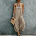 thumbnail image 7 of Baggy Linen Jumpsuits for Women Sleeveless Square Neck Overall Rompers Pleated Loose Casual Jumpsuit Khaki, 2XL, 7 of 7