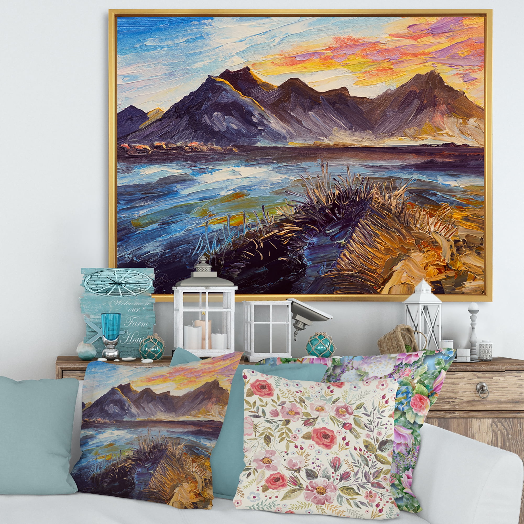 Designart 'Impression Pink Sunset Over The Mountains By The Sea' Nautical & Coastal Framed Canvas Wall Art Print