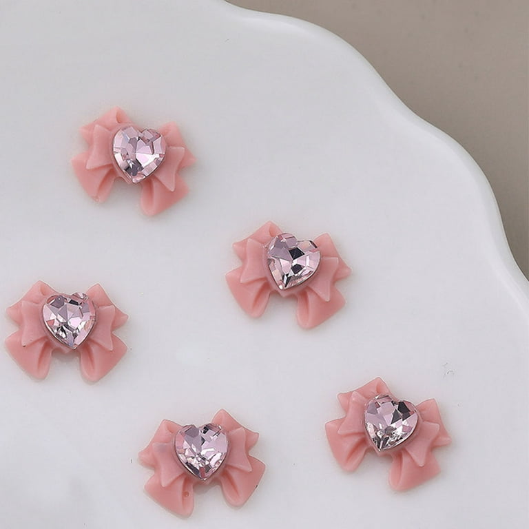 20pcs Pink Bow Nail Charms for Acrylic Nails, 3D Bowknot Nail Art Charms Crystal Heart Bow Charms for Nails DIY Nail Gems Pink Rhinestones Kawaii Nail