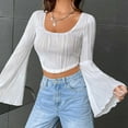 thumbnail image 4 of Annhoo Crop Tops for Women Long Flare Sleeve Scoop Neck T Shirts Fall Fashion Textures Going out Blouse Tees, 4 of 9