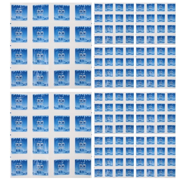 12 láminas de bolsas de hielo reutilizables para congelar alimentos, vista frontal en cuadrícula que muestra láminas cuadradas azules de 27.5 x 27.5 cm en membrana compuesta y tela no tejida; colores surtidos, sellado visible, diseñadas para mantener bebidas y alimentos frescos durante envíos refrigerados o en bolsas de almuerzo; uso común en camping y picnics.