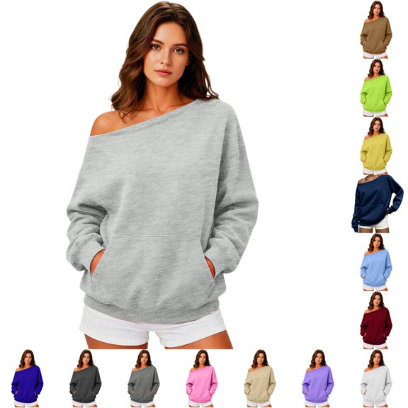 WAYUTE Womens Sweatshirt Off The Shoulder Sweatshirt Drop Shoulder Long Sleeve Front Pocket Oversized Tunic Top Solid Color Fall Pullover Casual Daily Wear,Grey,2XL