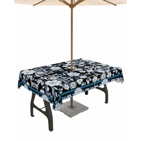 nqOlkjepod Black White Flowers Outdoor Tablecloth with Umbrella Hole & Zipper, Rustic Vintage Botanical Leaves Rectangle Table Cover 52x70 Inch, Dining Waterproof Table Cloth Protector for Patio