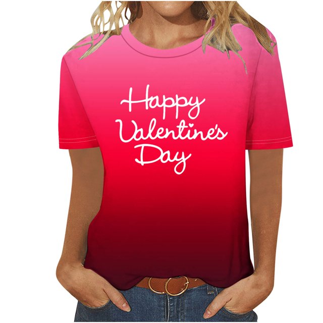 Camisetas Casuales de Mujer Día de San Valentín Impreso Cuello Tripulado Manga Corta, Top de Moda para la Fiesta Y Diario