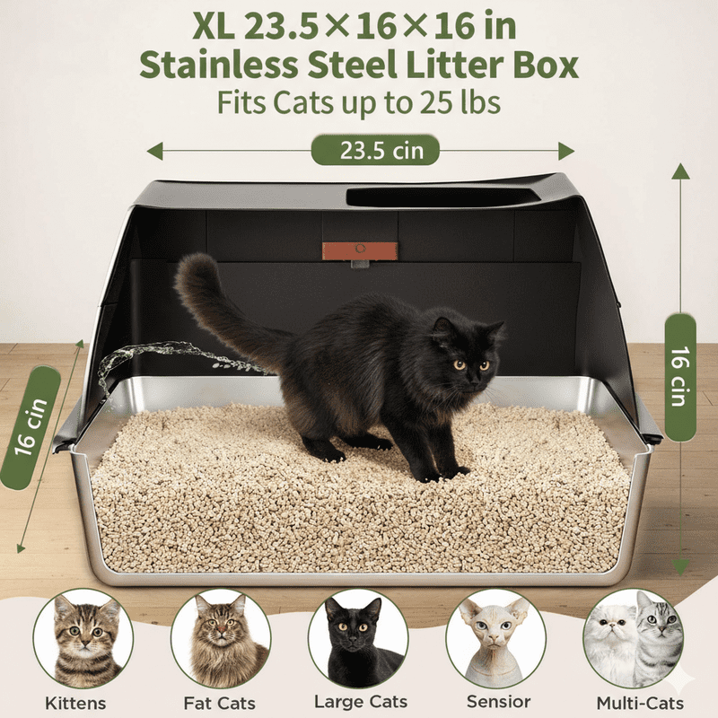 Gimars XL 3-in-1 Stainless Steel Litter Box with Lid, Dual Top and Front Entry, 16in High Wall Design for Kittens and Large Cats