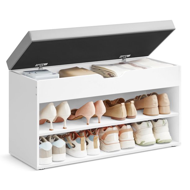 Zapatero con banco recibidor 3 compartimentos asiento tapizado 30 x 80 x 44 cm Blanco Nube Gris Paloma