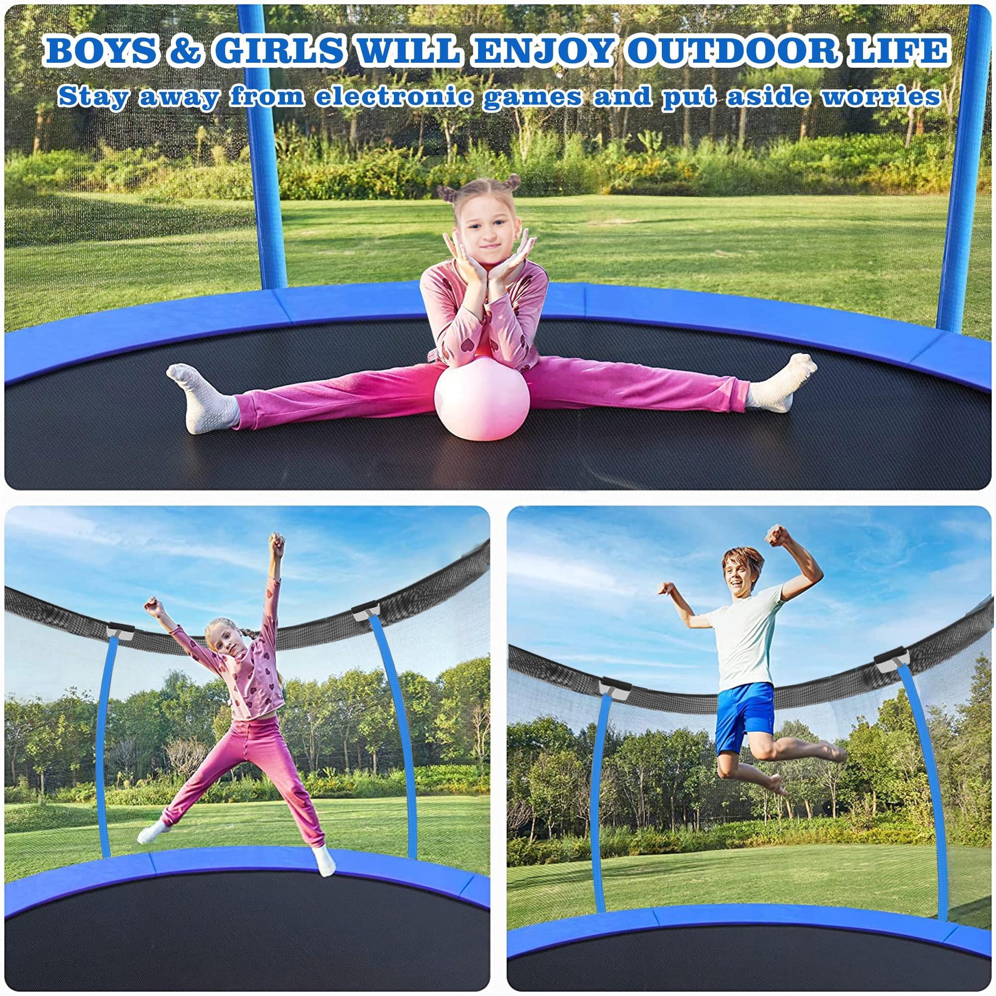 144IN Trampoline for Kids, Seizeen Outdoor Trampolines with Enclosure, 2-IN-1 Large Trampoline with Basketball Hoop, Round Trampoline Anti-collision Curved Design for Backyard Play, Blue