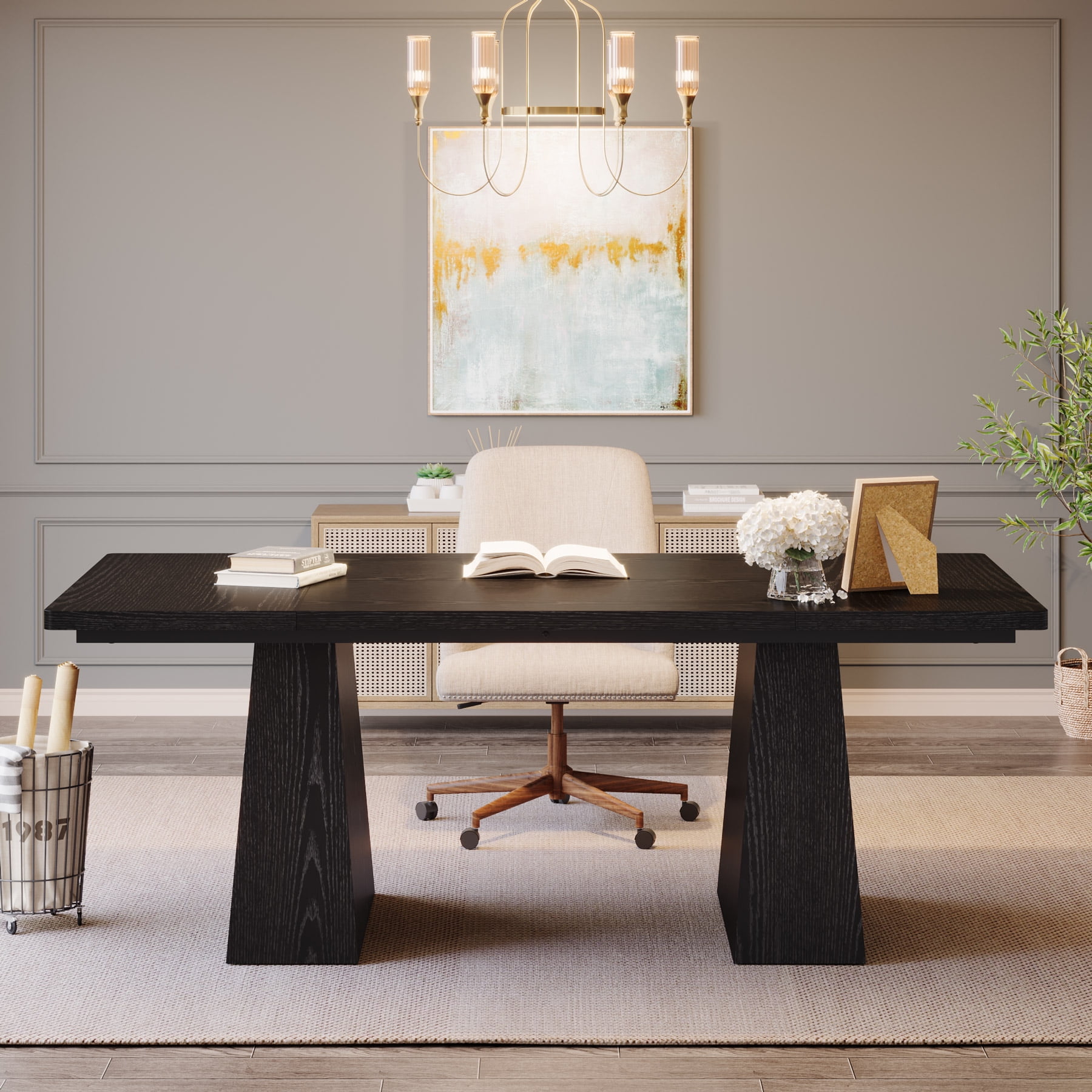 Tribesigns 63" Executive Desk, Modern Office Computer Desk with Double Pedestal, Large Simple Workstations Writing Table Conference Table, Black