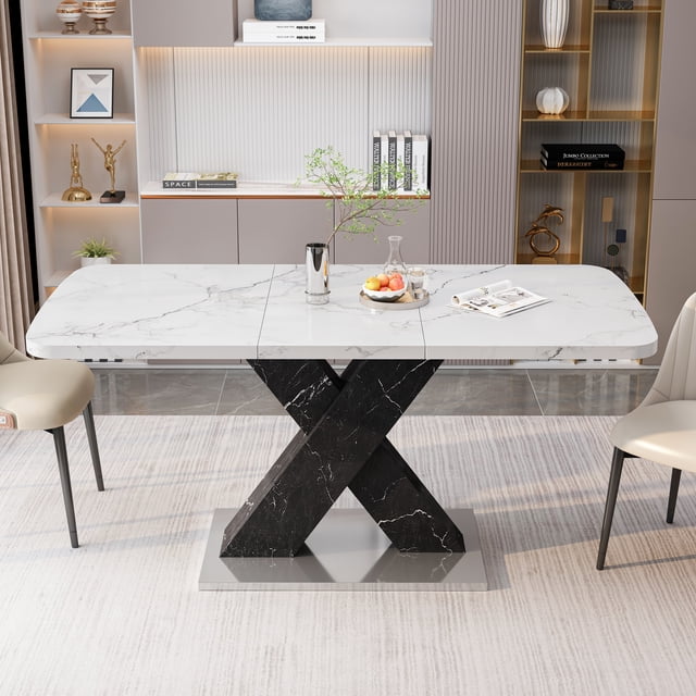 Noble House 47.24"-62.99"Modern Rectangle Dining Table, Stretchable,White+Black