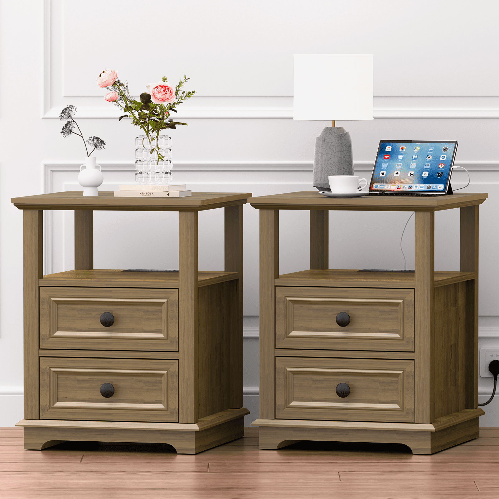 REDAYFUR End Table with Fast USB C Charging Station, 24” Tall Sofa Side Table with 2 Drawers, Large Storage Rustic Wood Square Storage Cabinet for Living Room,Bedroom,Office, Light Brown
