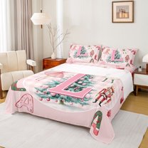 Homewish 4 Pieces Pink Monogrammed L Sheet Set, Queen - Xmas Tree (Nutcracker)