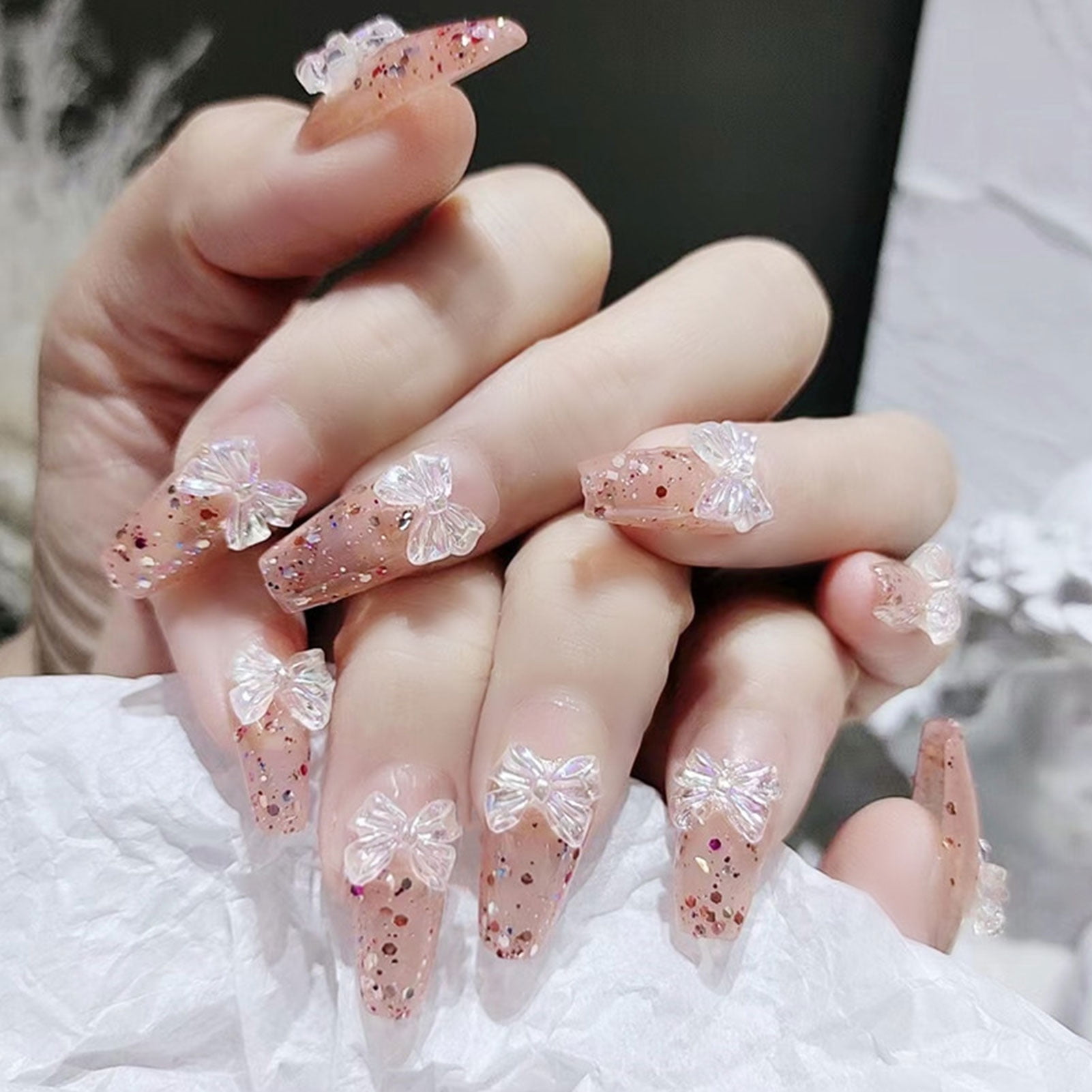 Pink Fake Nails with Pearl Rhinestone Resin Material Gentle to Nails & Skin  Nail for Hot Girl Dress Matching Jelly Glue Model 