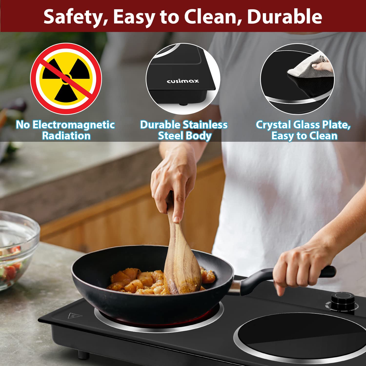 CUSIMAX 1800W Ceramic Electric Double Burner, Dual Control Infrared Cooktop, Portable, Glass Plate, Stainless Steel, Black.