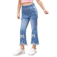 thumbnail image 3 of RUTAYY Girls Pearl Bow Embroidered Jeans Wide Leg Flare Denim Pants With Elastic Waist For Toddler Kids Trouser Trendy Infants Pants, 3 of 6