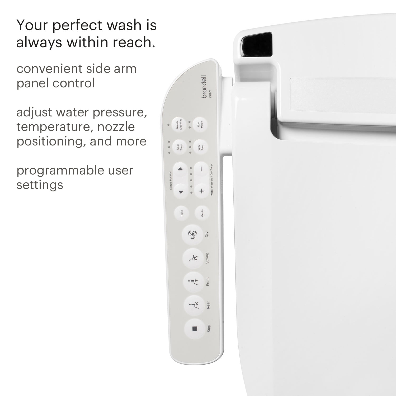 Brondell Swash Select DR801 Sidearm Bidet Seat with Warm Air Dryer and Deodorizer, Elongated White