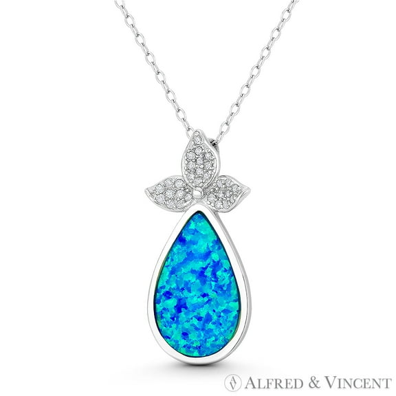 Pear Fruit Charm Created Opal & CZ Crystal 29x14mm (1.1x0.6in) Pendant in .925 Sterling Silver w/ Rhodium