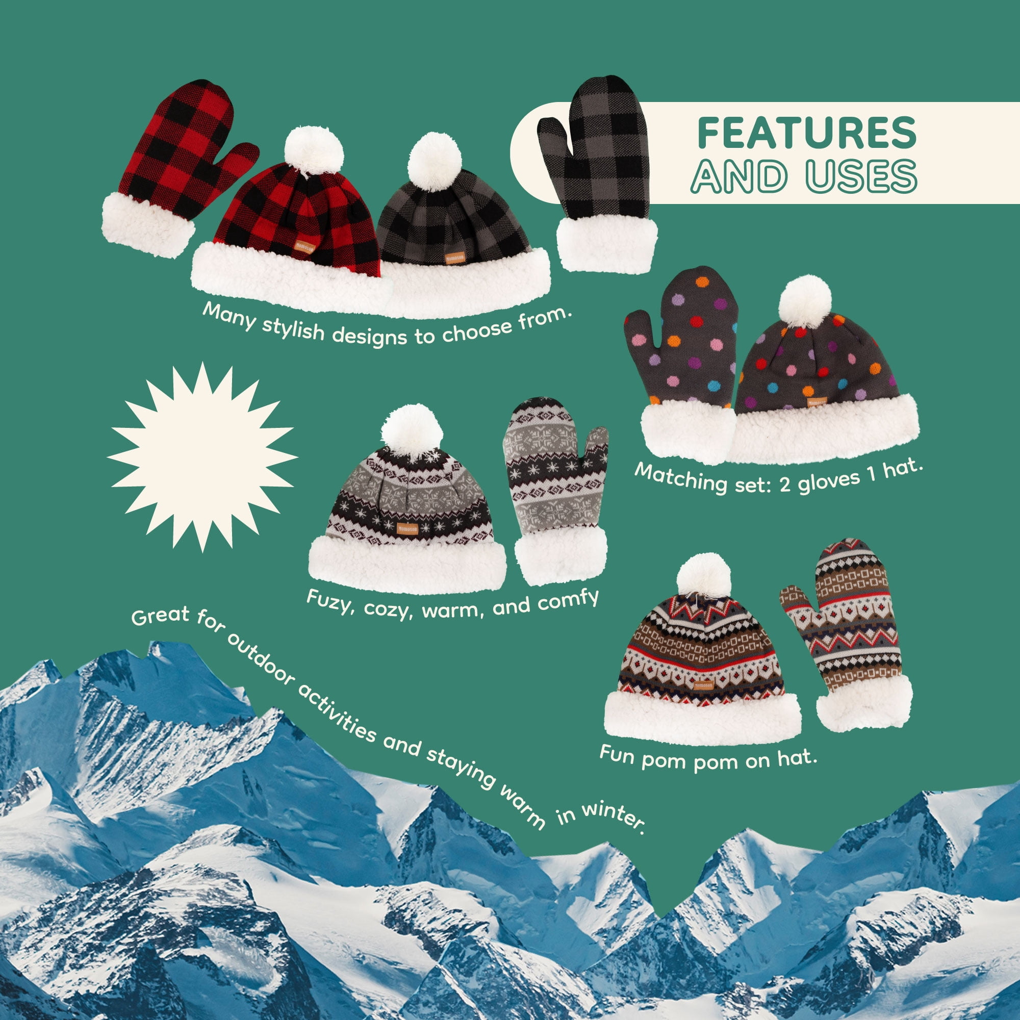 BambooMN Women's Winter Fleeced Pom Pom Beanie Hat And Mittens Set - Super Soft, Warm, One Size Fits Most - View #8