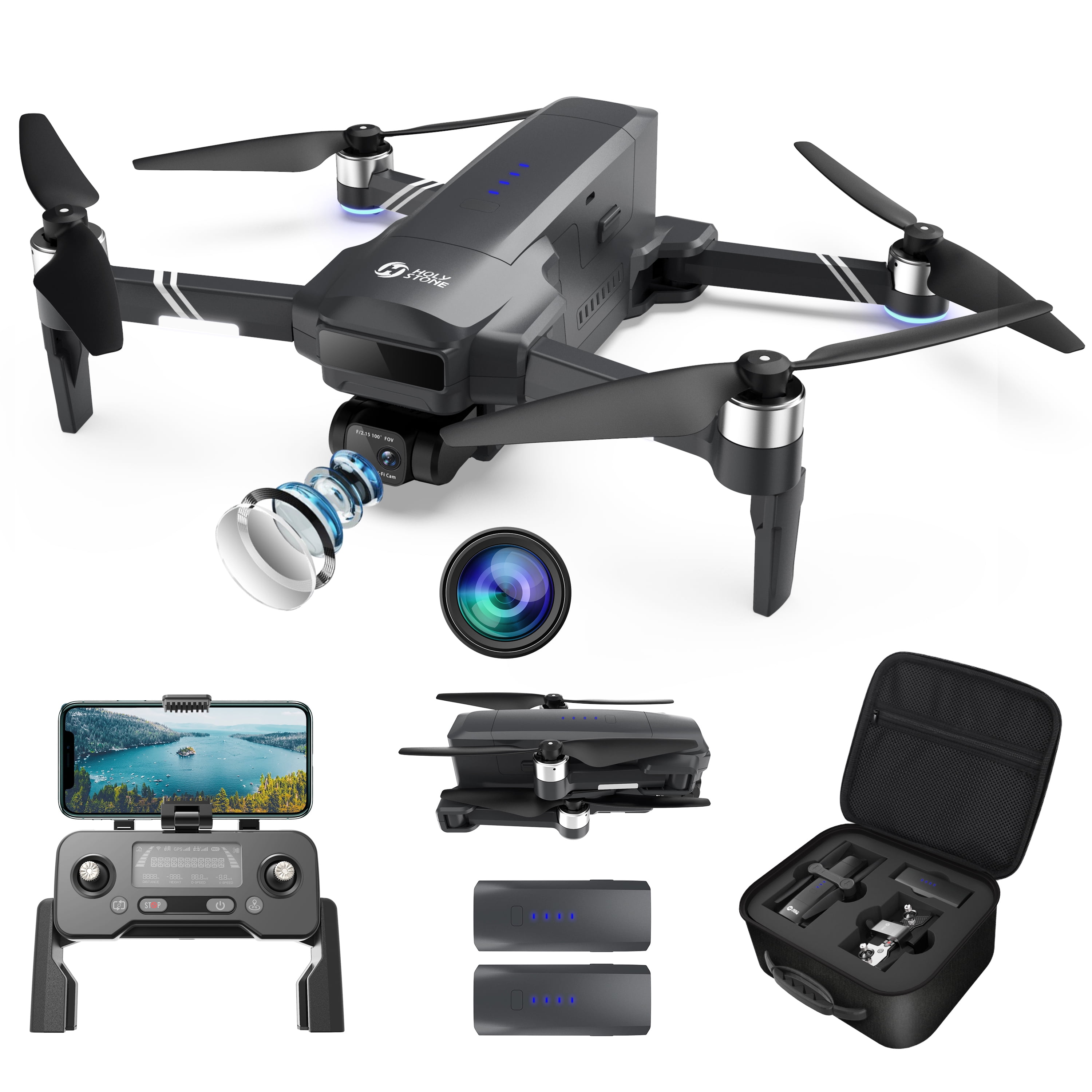 Holy Stone Drone HS600 with 4K Camera 2-Asix Gimbal EIS 3KM FPV-Drone with  2 Batteries Brushless Motor Color Black