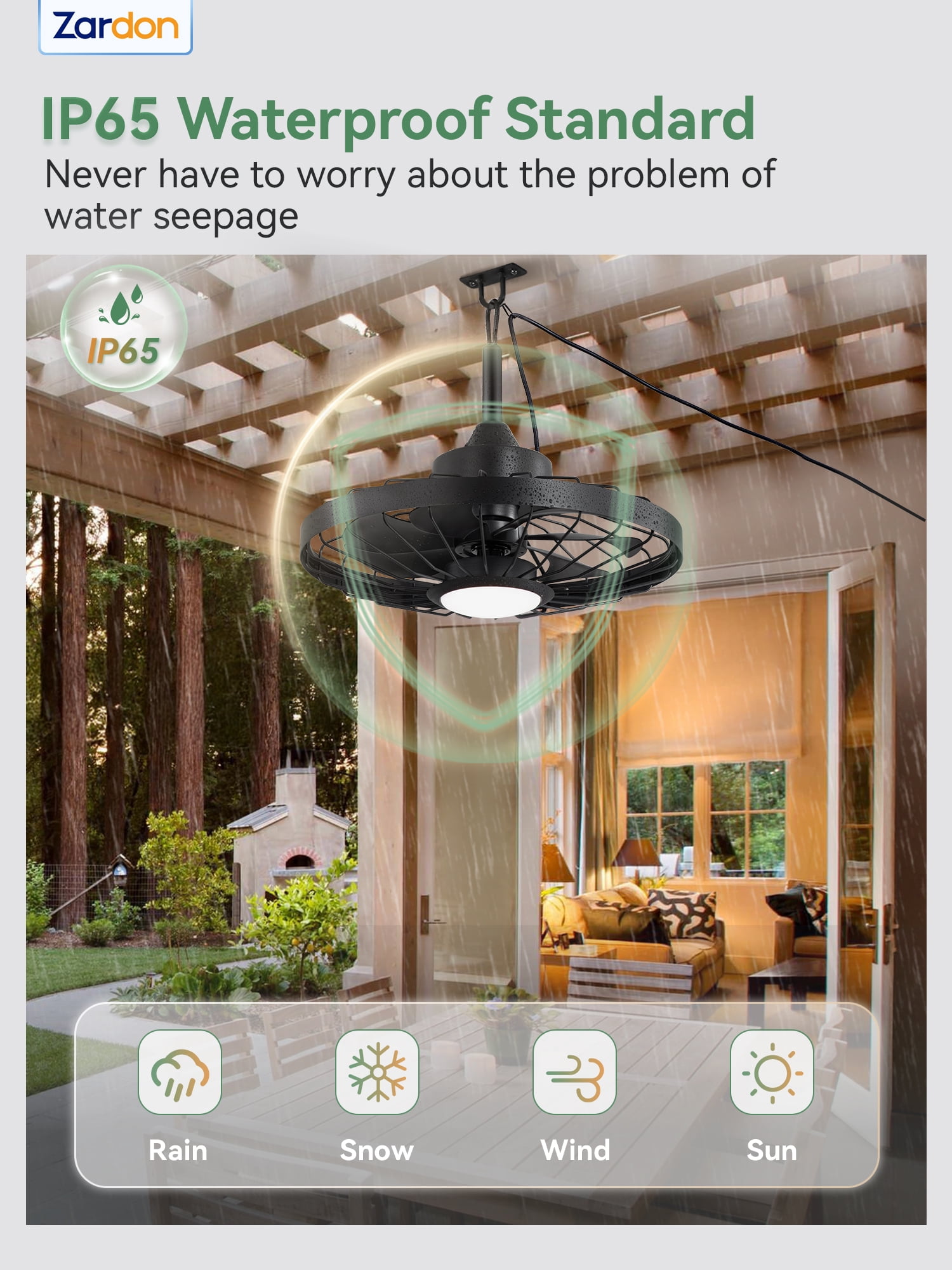 Zardon 20" Outdoor Ceiling Fan with Light and Remote Control, Waterproof Farmhouse Hanging Ceiling fans for Patio Gazebo Porch Pergola, 6 Speeds, APP Control, Black