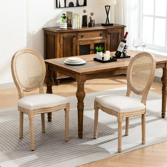 Comfortable French Style Back Dining Chairs, Solid Wood Construction, Linen Fabric, Cream Beige Tone Elegant Chair , Wood, , Soft Foam,