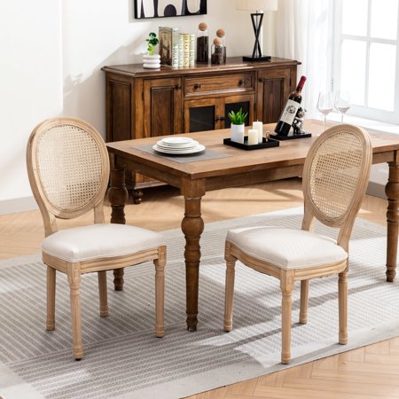 Comfortable French Style Back Dining Chairs Solid Wood Construction Linen Fabric Cream Beige Tone Elegant Chair Wood Soft Foam