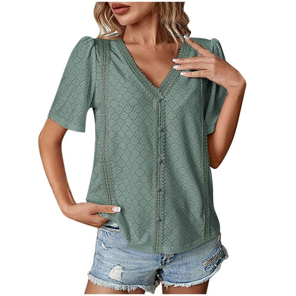 ZyeKqe Tops for Women Dressy Casual Crochet Short Sleeve Shirts Lace V Neck Office Work Blouses Top Summer Outfits