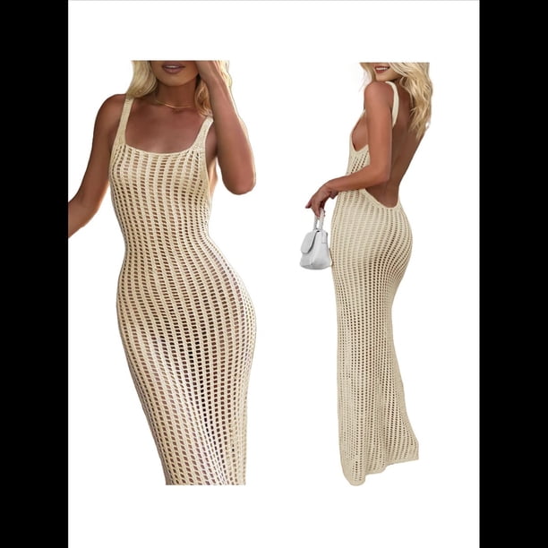 Vestido de Crochet para Mujer, Vestido Sin Espalda, Vestido Maxi de , Vestido de Punto Transparente. M
