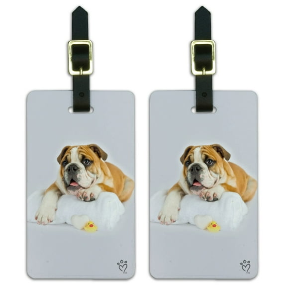 British Bulldog Puppy Dog Bath Towel Rubber Duck Luggage ID Tags Suitcase Carry-On Cards - Set of 2