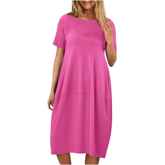 Wycnly Summer Dresses for Women Maxi Dress for Women Loose Pleated Tunic Midi Dresses with Pocket Ladies Fashion Solid Crewneck Short Sleeve Knee-Length Sun Dress