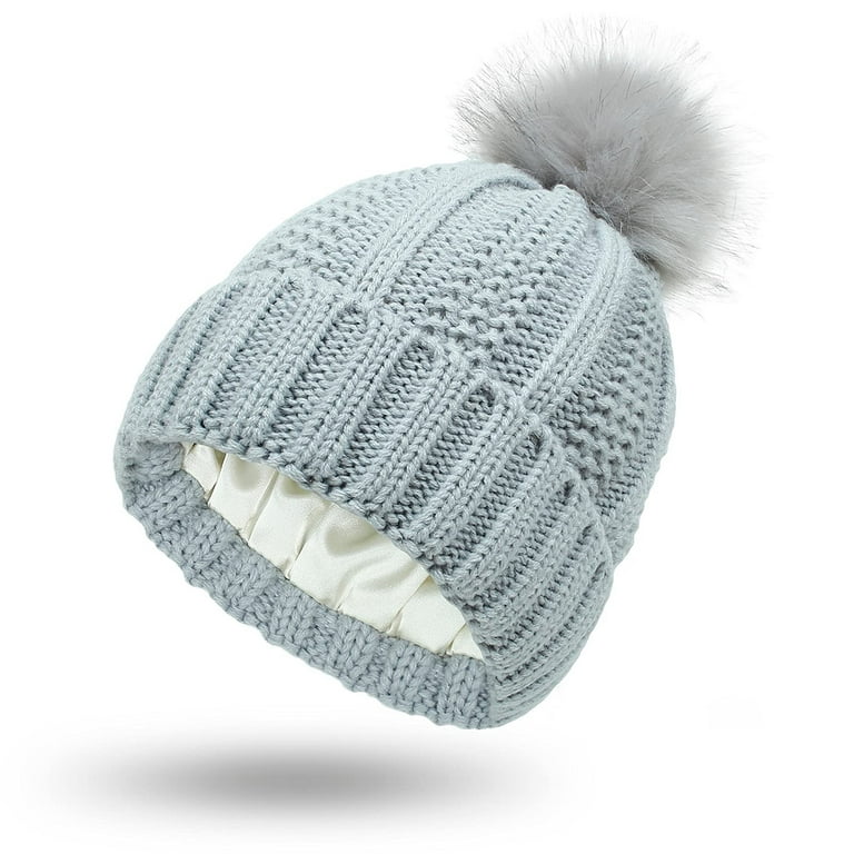 Rpvati Cable Knit Beanie Hats for Women Cuffed Faux Fur Pompom Winter Warm Hat, Women's, Size: One size, Gray