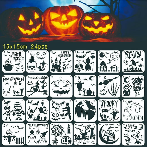 24 plantillas pequeñas de Halloween para sobre madera, plantillas de calabaza de Halloween de pulgadas reutilizables para adornos de Macarena Plantillas de Halloween