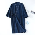 thumbnail image 2 of VNKIDY Men's Loungewear Lightweight Grid Patterned Kimono Robe Short Sleeve Cotton Nightrobe With Piping Detail Single Pocket For Home Relaxing Cozy Homewear, 2 of 5