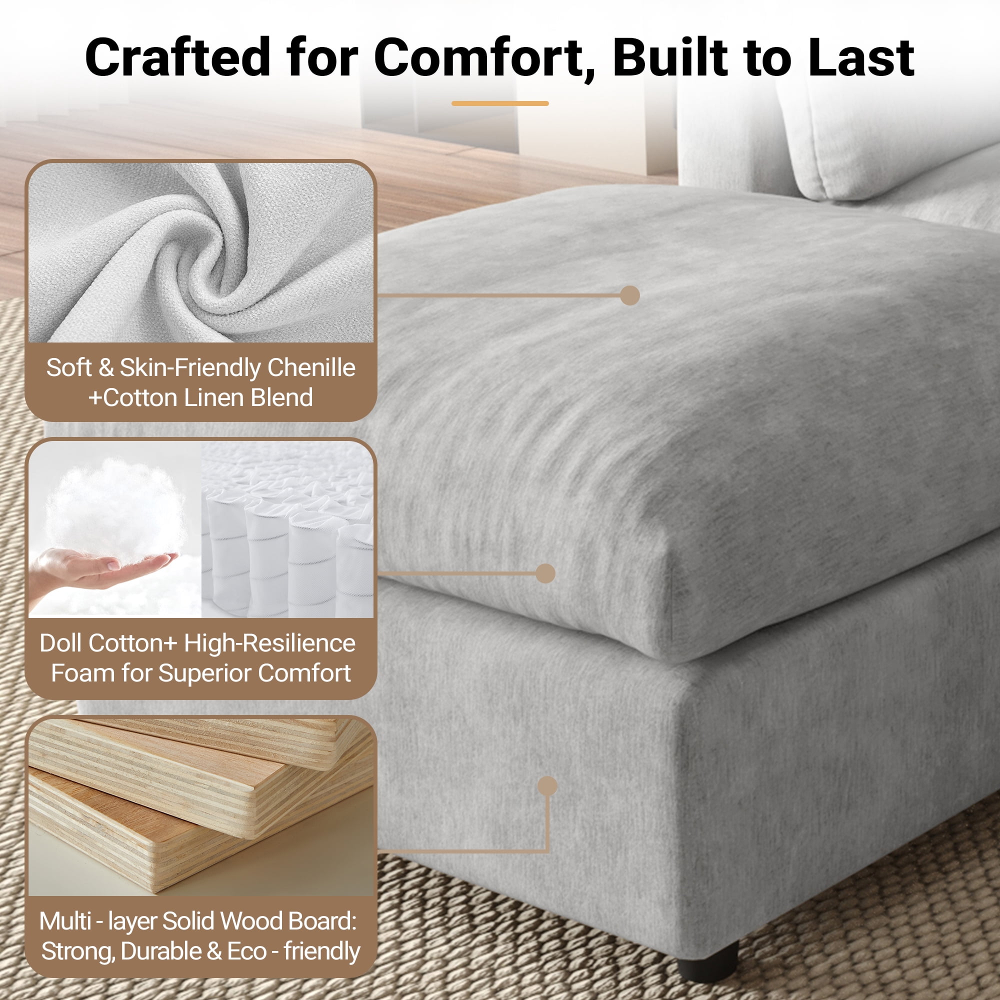 Magic Home Modern Chenille Movable Ottoman, Modular Sectional Sofa