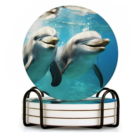 

BaHomeck Drink Coasters Set of 4 with Holder dolphins swimming in the sea Water Absorbent Ceramic Coasters Tabletop Protection Suitable for Various Cup Home Decor