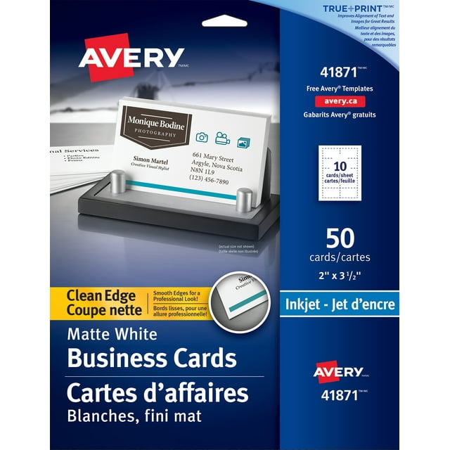Avery Cartes d'affaires, Coupe nette, blanche fini mat, 2 po x 3 po, pour imprimante à jet d'encre, 10 Cartes/Feuille, 5 Feuilles/paquet, 50 Cartes -41871
