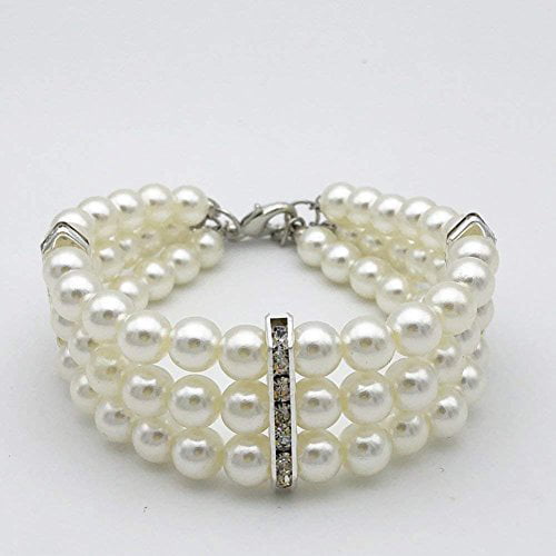 PetFavorites Fancy 3 Row Pearls Diamond Dog Necklace Collar Jewelry with Bling Rhinestones for Pets Cats Small Dogs Girl Teacup Chihuahua Yorkie Clothes Costume Outfits White, Neck Size: 8-10