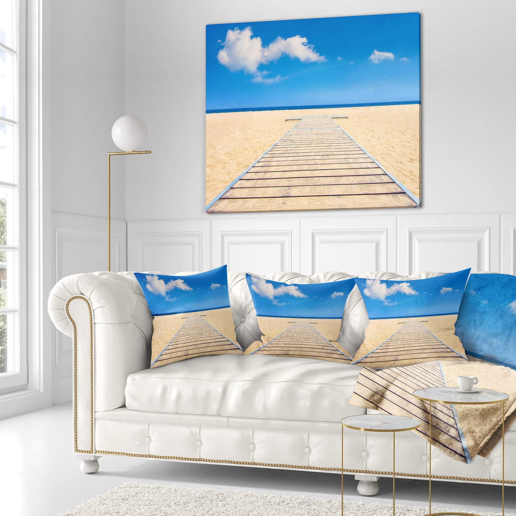 Designart Beach and Sea with Wooden Floor - Blue - Seashore Throw Pillow - 16x16