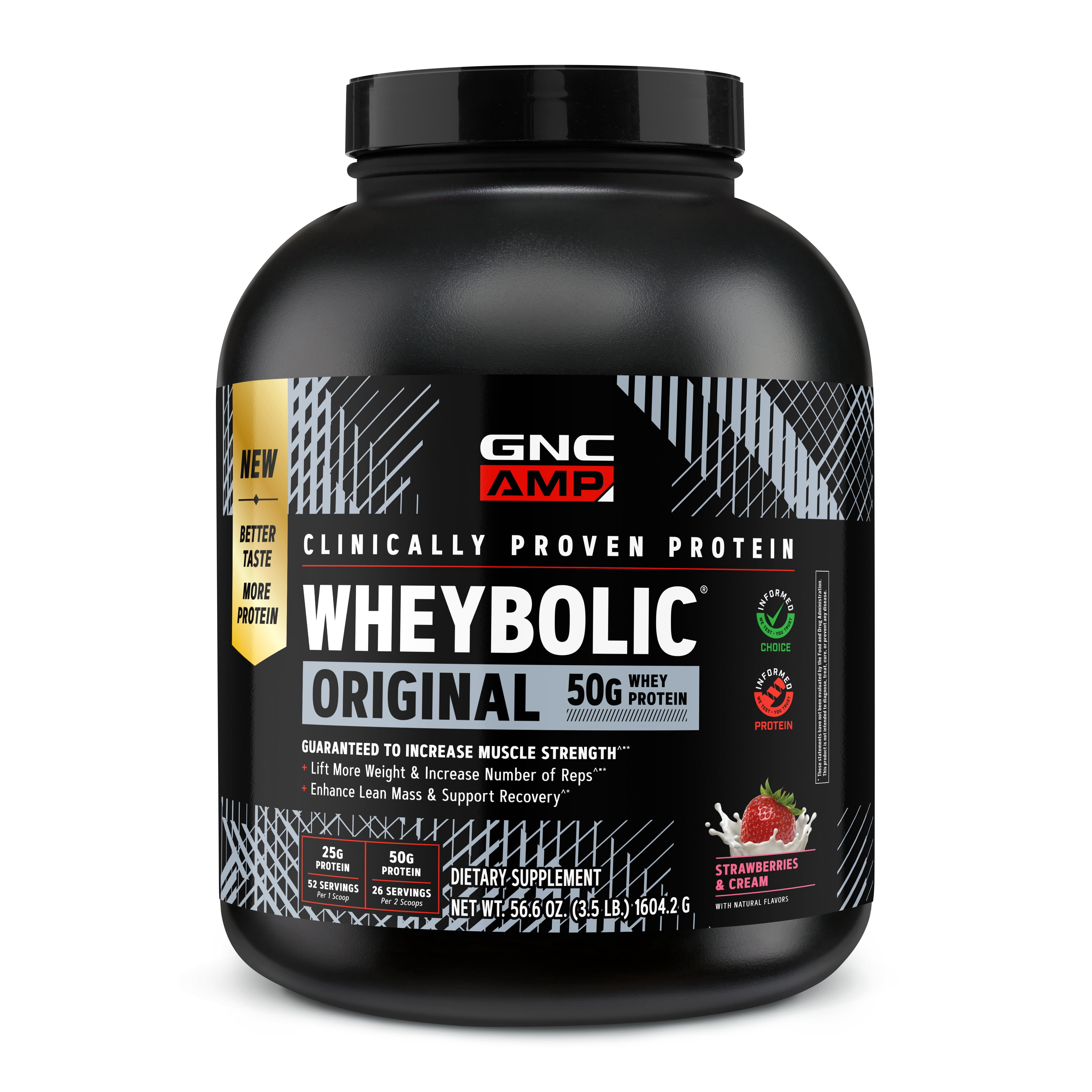 GNC AMP Wheybolic Clinically Proven Protein Powder, 50g Whey Protein, BCAA, Leucine, Increases Muscle Strength, Muscle Building, 3rd Party Tested, Gluten Free, Strawberries & Cream, 26 Servings